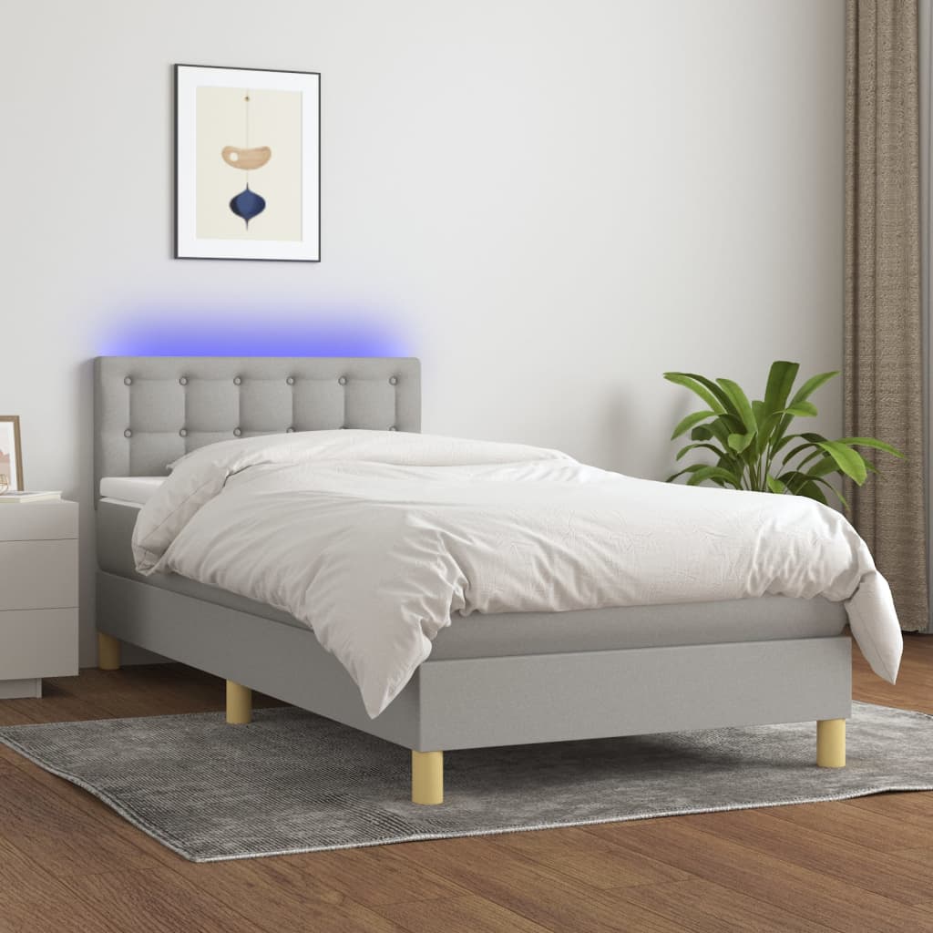 vidaXL Boxspringbett mit Matratze & LED Hellgrau 90x200 cm Stoff