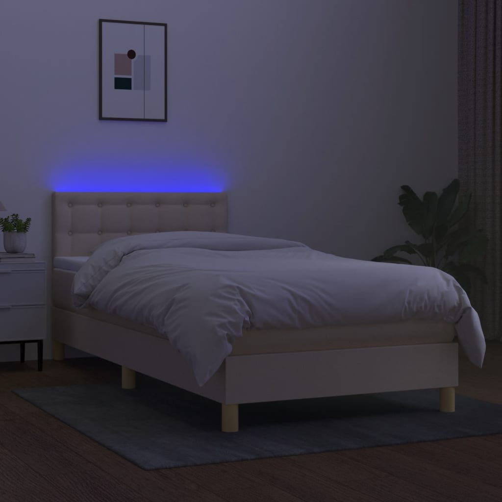 krémszínű szövet rugós és LED-es ágy matraccal 90x200 cm