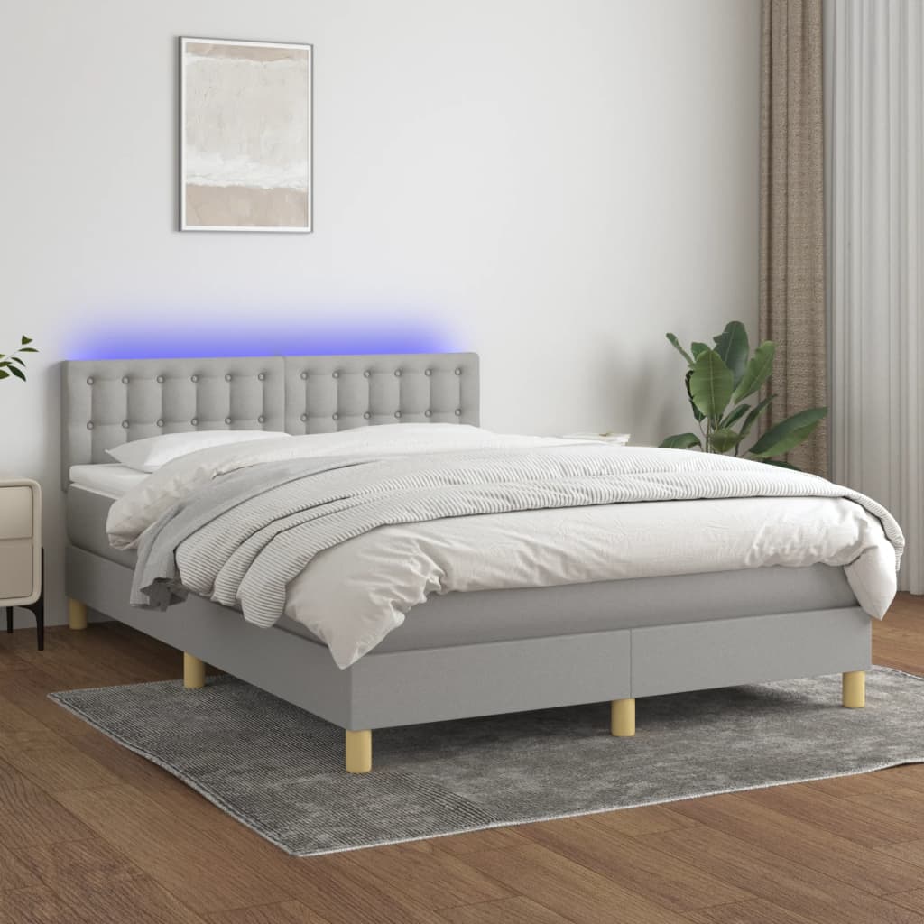 vidaXL Boxspringbett mit Matratze & LED Hellgrau 140x190 cm Stoff