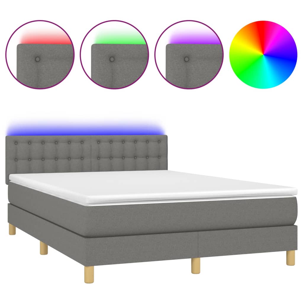 vidaXL Box spring postel s matrací a LED tmavě šedá 140x190 cm textil