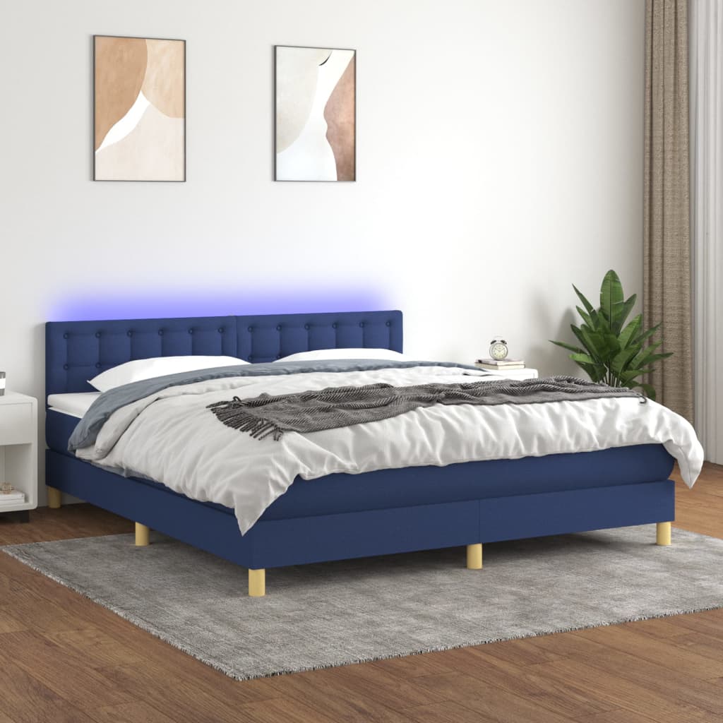 vidaXL Pat cu arcuri, saltea și LED, albastru, 180×200 cm, textil 180x200 imagine noua