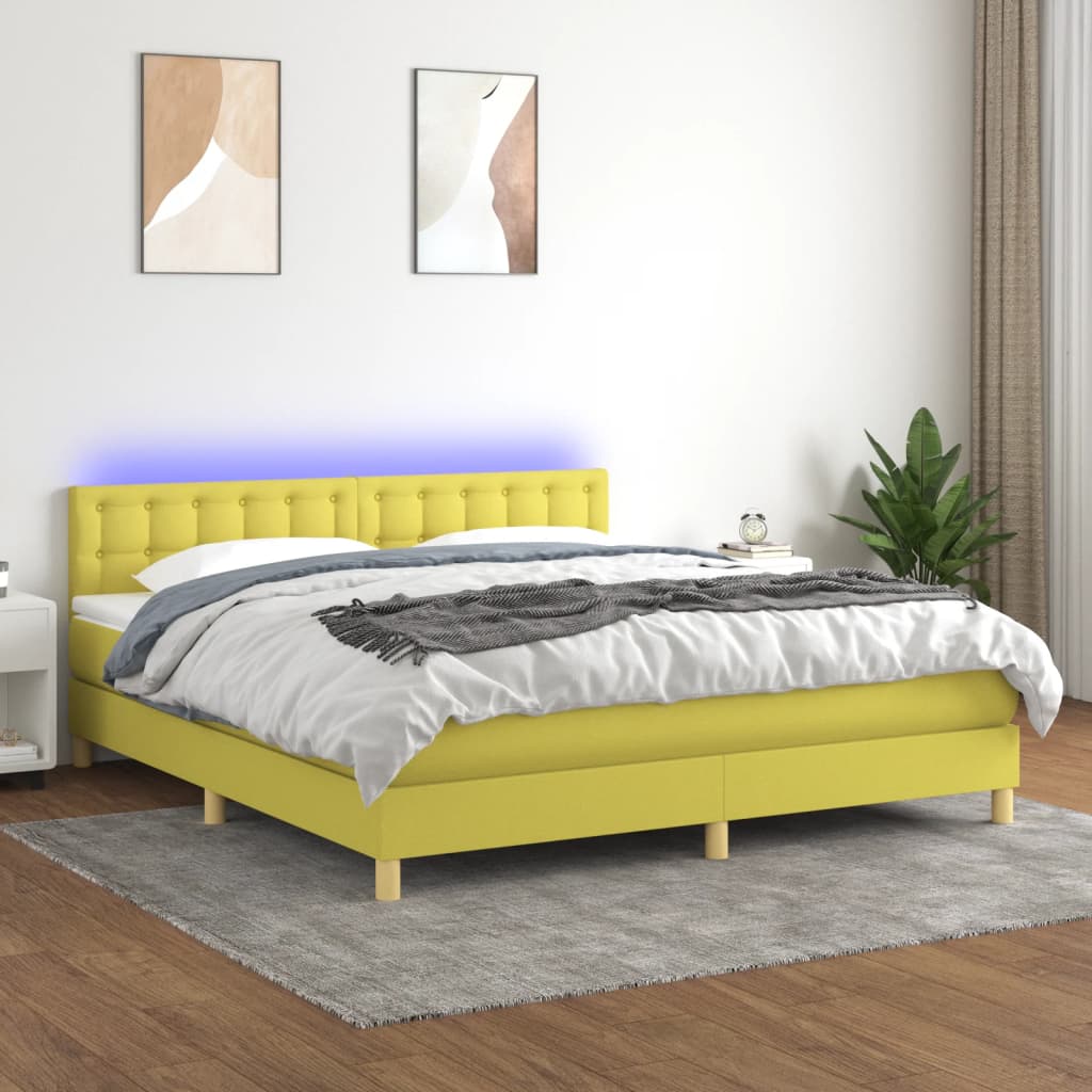 vidaXL Pat cu arcuri, saltea și LED, verde, 180×200 cm, textil 180x200 imagine noua