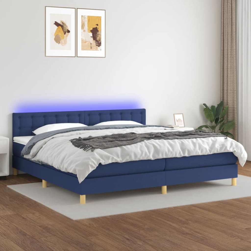 vidaXL Pat cu arcuri, saltea și LED, albastru, 200×200 cm, textil 200x200 imagine noua