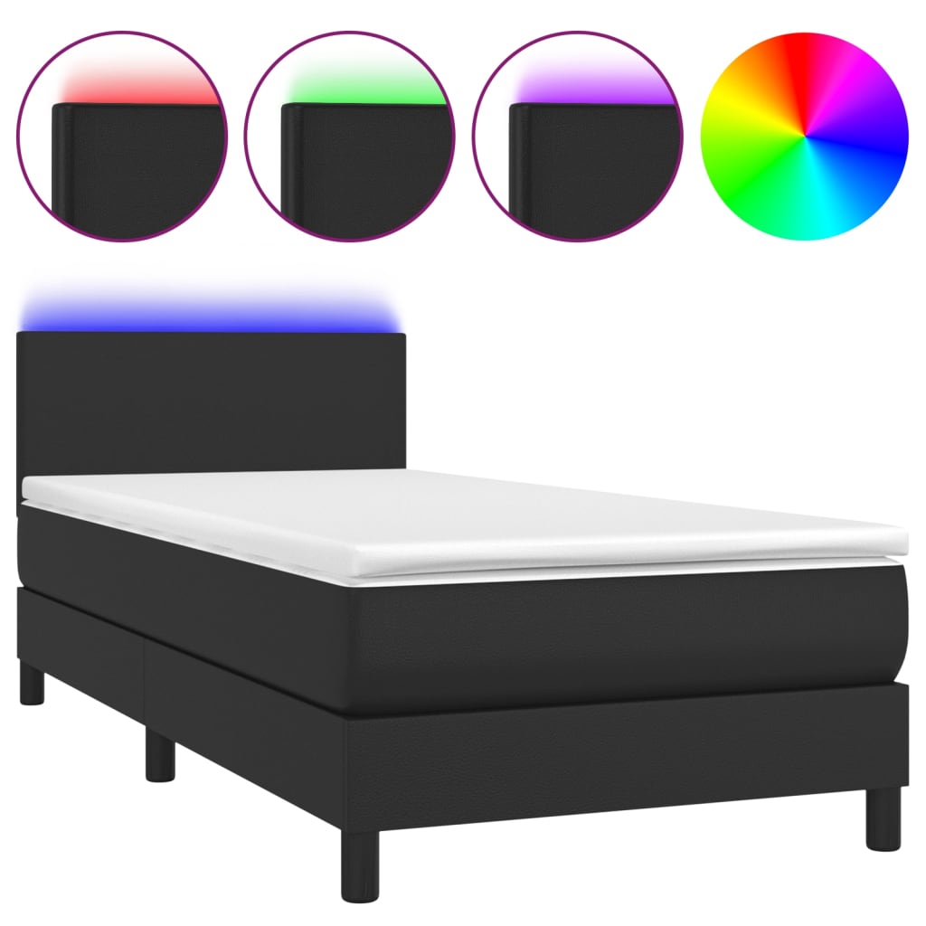 Fekete műbőr rugós ágy matraccal és LED-del 80 x 200 cm 