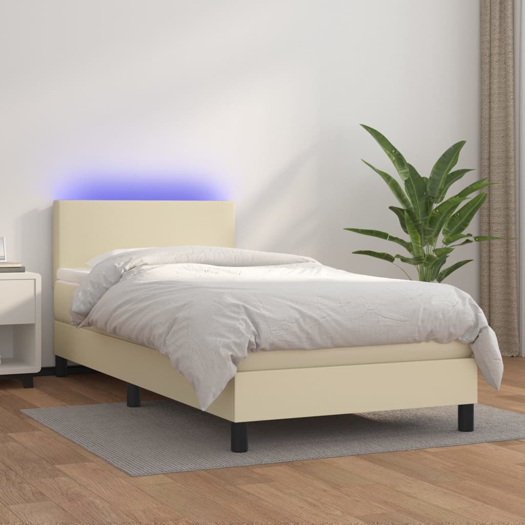 Krémszínű műbőr rugós ágy matraccal és LED-del 80 x 200 cm 