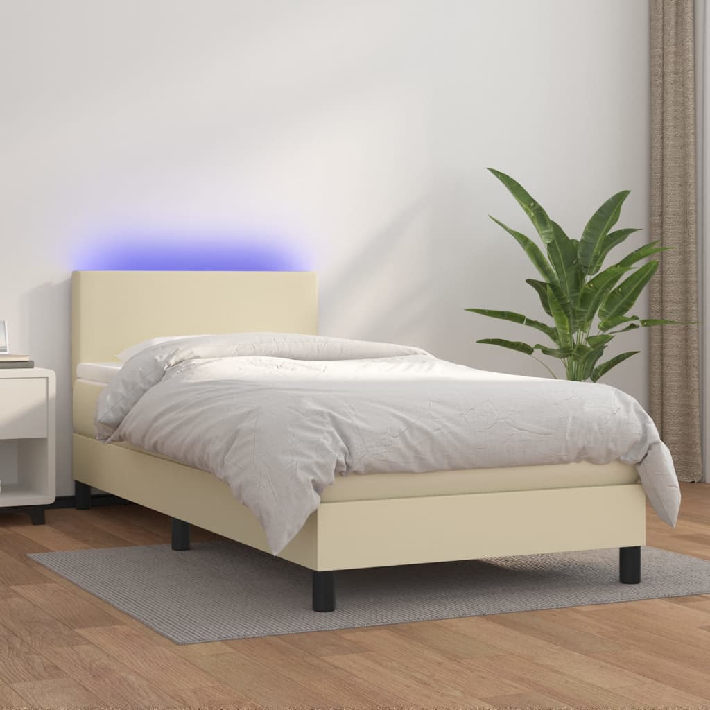 vidaXL Pat continental cu saltea și LED, crem, 80x200 cm, piele eco