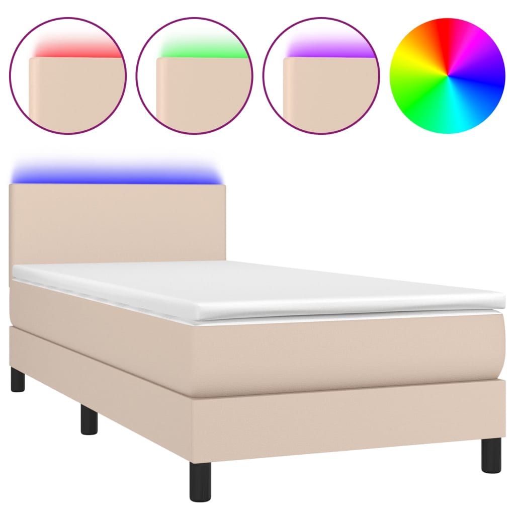 Cappuccino színű műbőr rugós ágy matraccal és LED-del 80x200 cm 