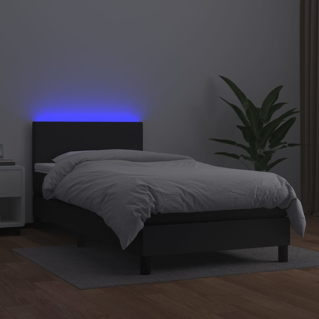 Box spring postelja z vzmetnico LED črna 90x200 cm umetno usnje