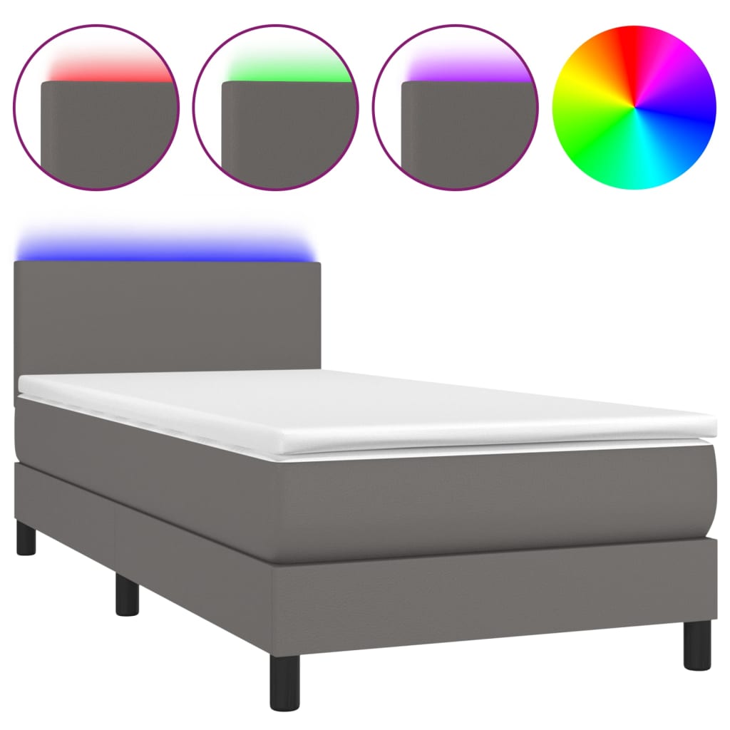 Szürke műbőr rugós ágy matraccal és LED-del 90x200 cm 