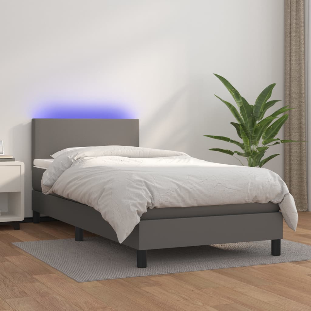 Boxspringbett mit Matratze & LED Grau 90×200 cm Kunstleder