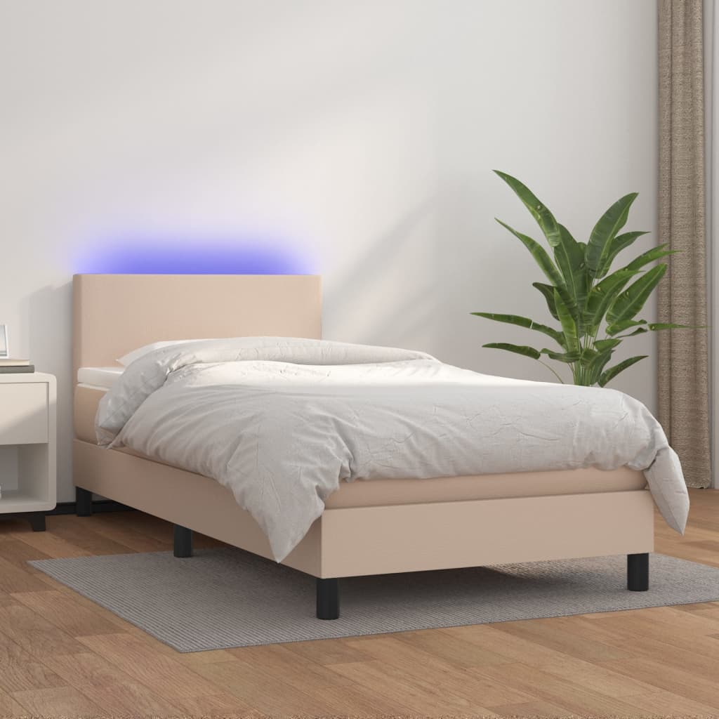 Box spring postel matrace a LED cappuccino 90x200 cm umělá kůže