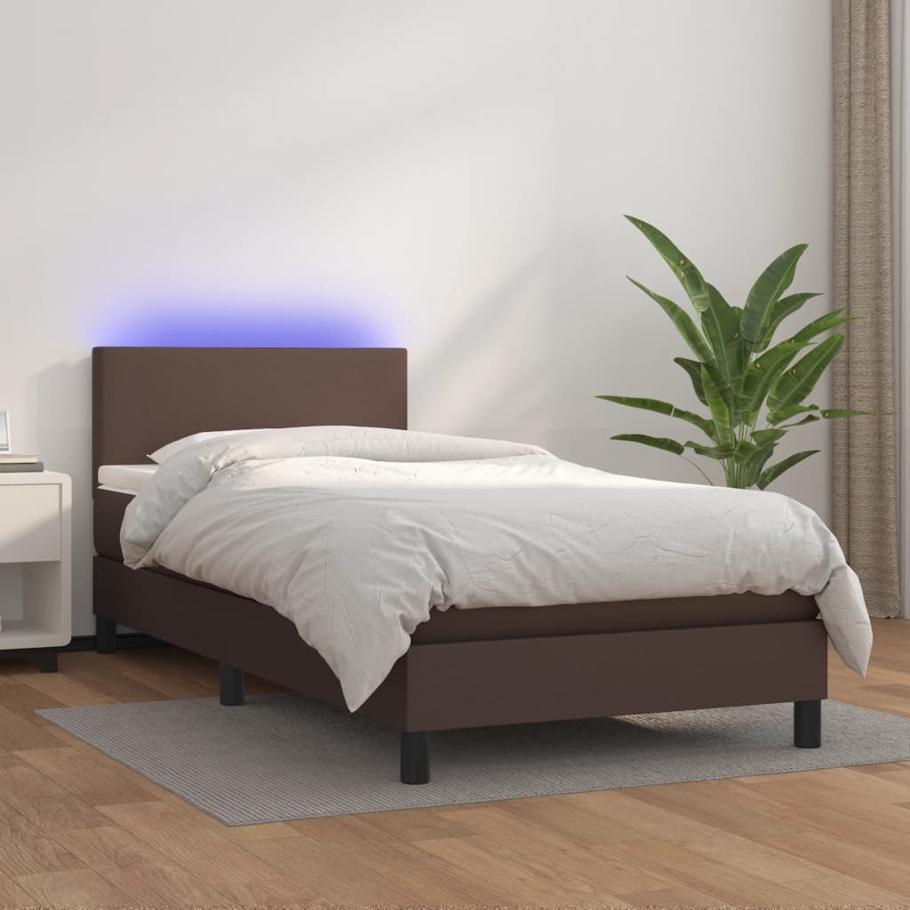 Box spring postel s matrací a LED hnědá 100x200 cm umělá kůže