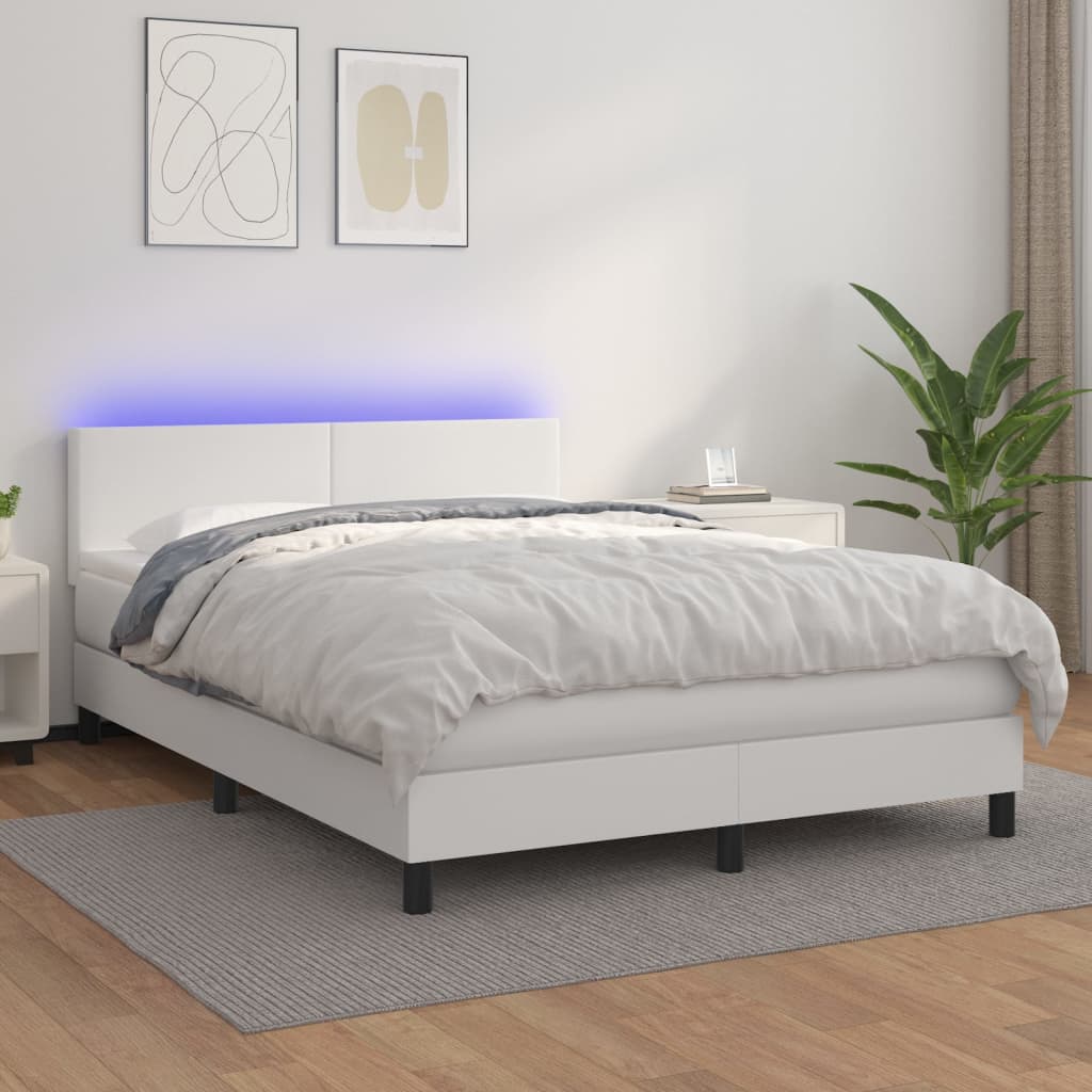 Boxspringbett mit Matratze & LED Weiß 140×190 cm Kunstleder