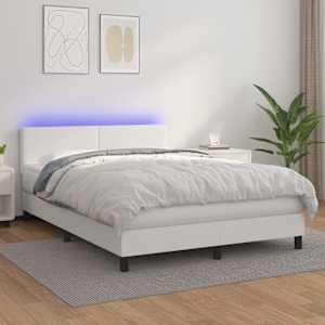 Box spring postelja z vzmetnico LED bela 140x190cm umetno usnje
