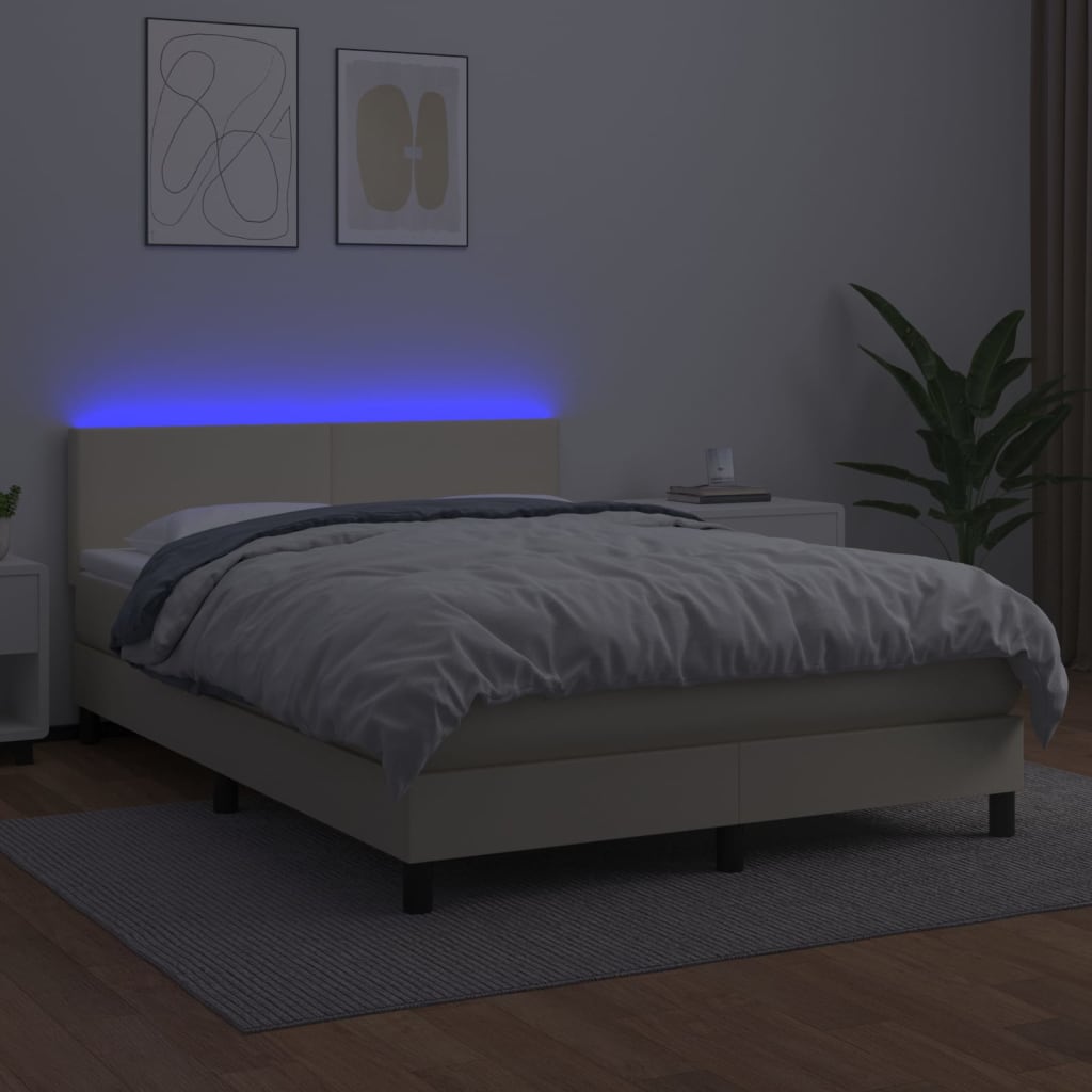 Box spring postelja z vzmetnico LED krem 140x190cm umetno usnje - slika 4