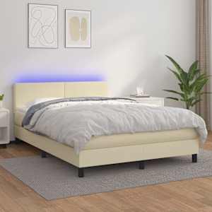 Box spring postelja z vzmetnico LED krem 140x190cm umetno usnje