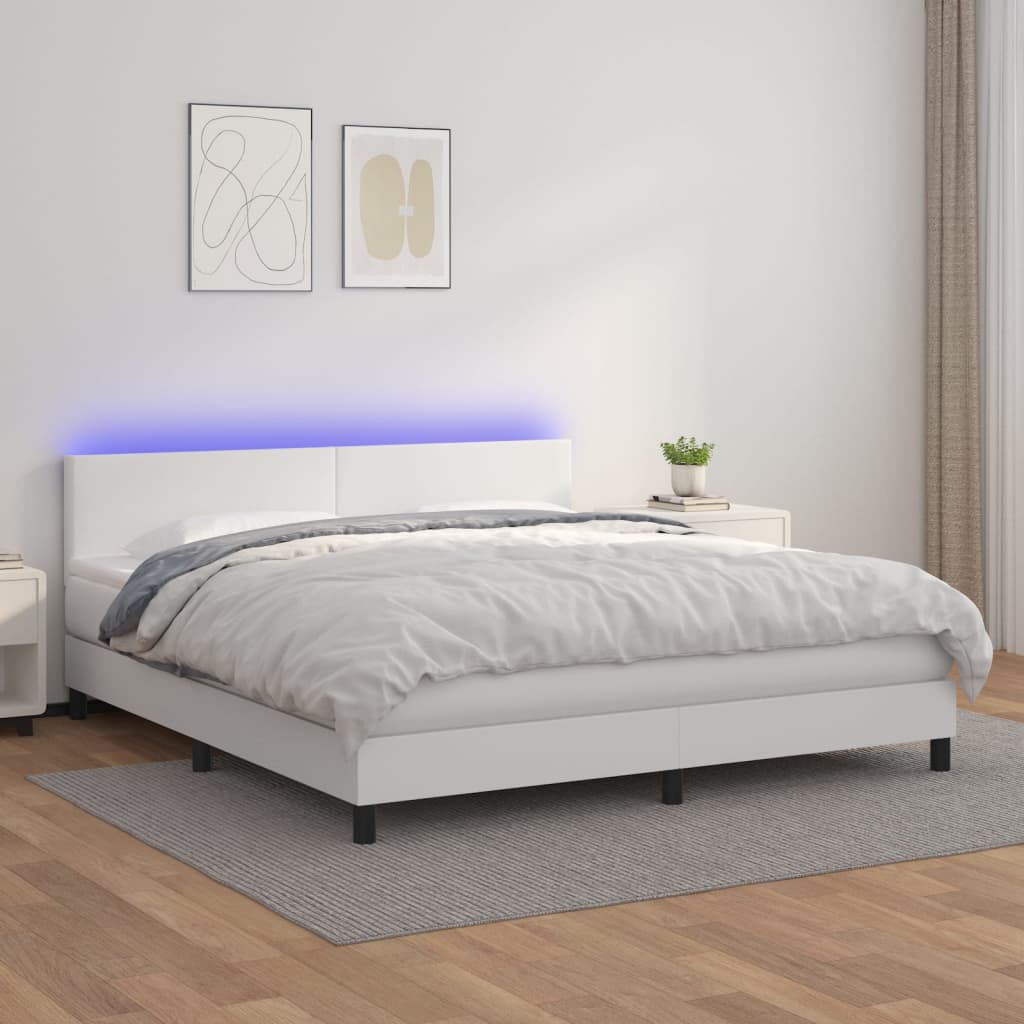 vidaXL Cama box spring c/colchão/LED 160x200cm couro artificial branco