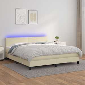Box spring postelja z vzmetnico LED krem 180x200cm umetno usnje