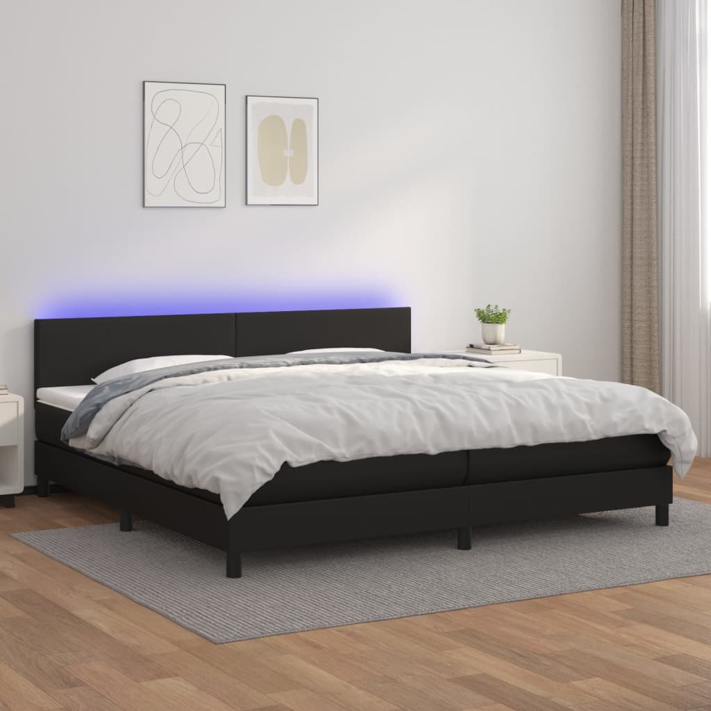 vidaXL Pat cu arcuri, saltea și LED, negru, 200x200cm, piele ecologică