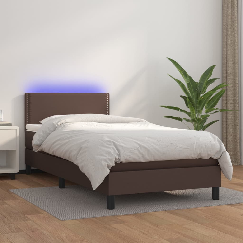 vidaXL Box spring postel s matrací a LED hnědá 90x200 cm umělá kůže