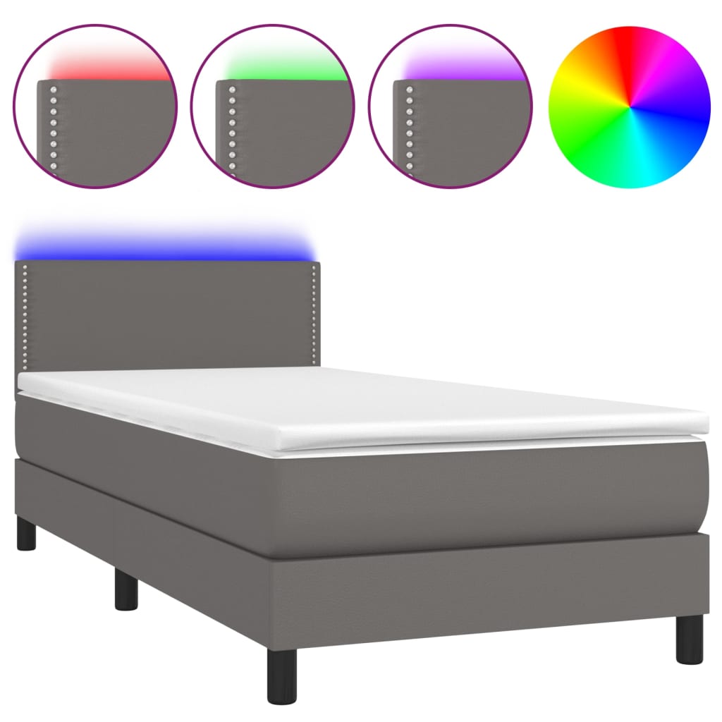Szürke műbőr rugós ágy matraccal és LED-del 90x200 cm 