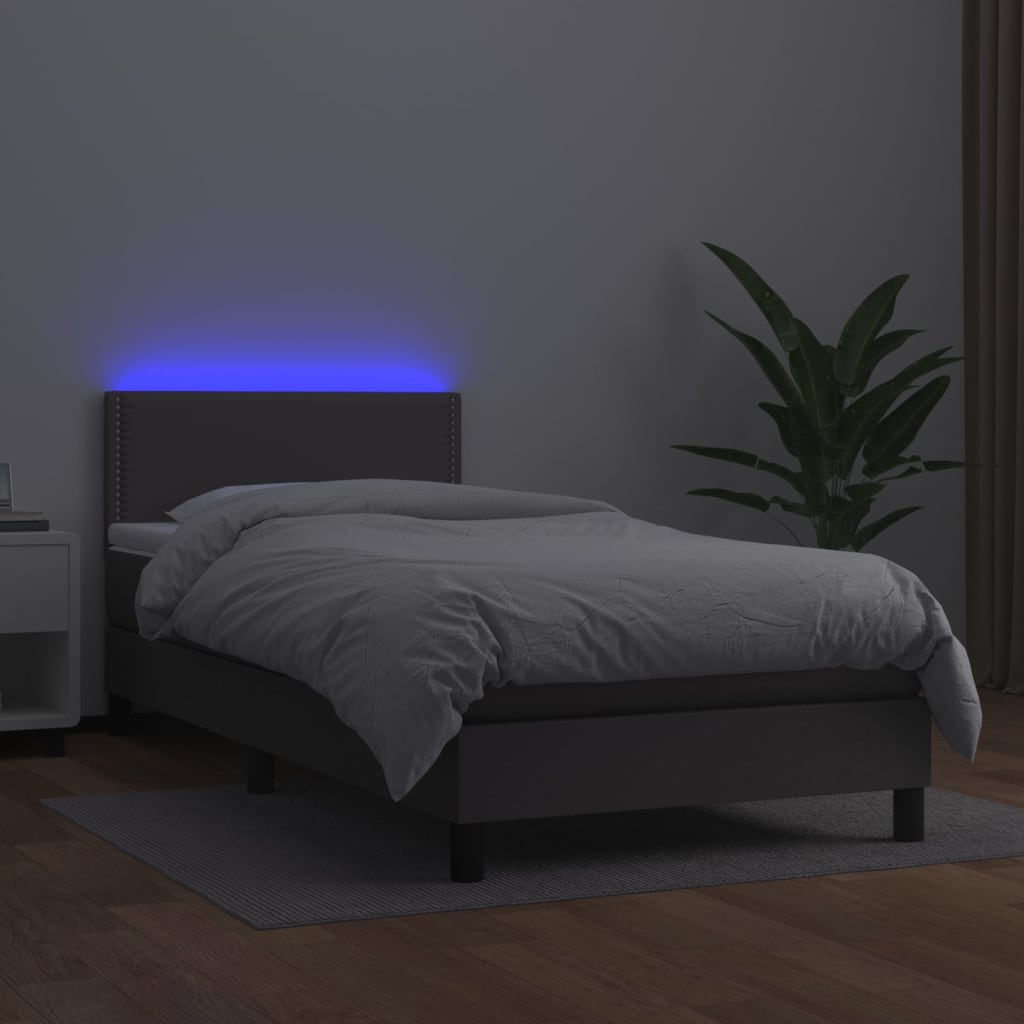 Box spring postel s matrací a LED šedá 90x200 cm umělá kůže