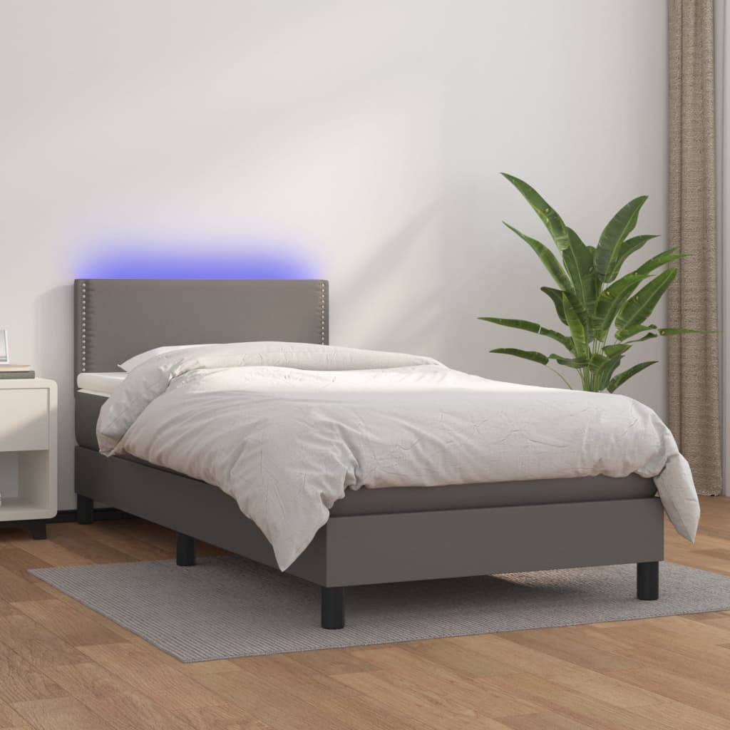 vidaXL Boxspringbett mit Matratze & LED Grau 90x200 cm Kunstleder