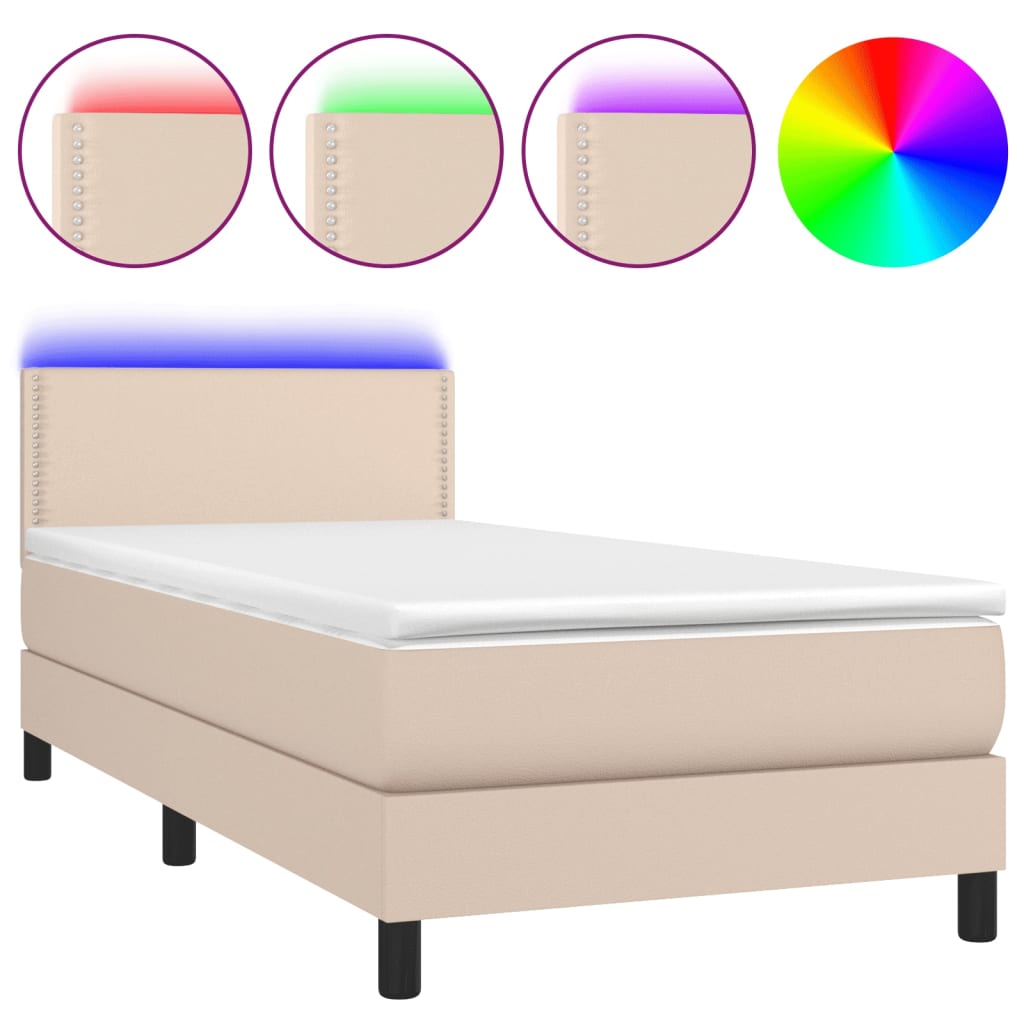 Cappuccino színű műbőr rugós ágy matraccal és LED-del 90x200 cm 
