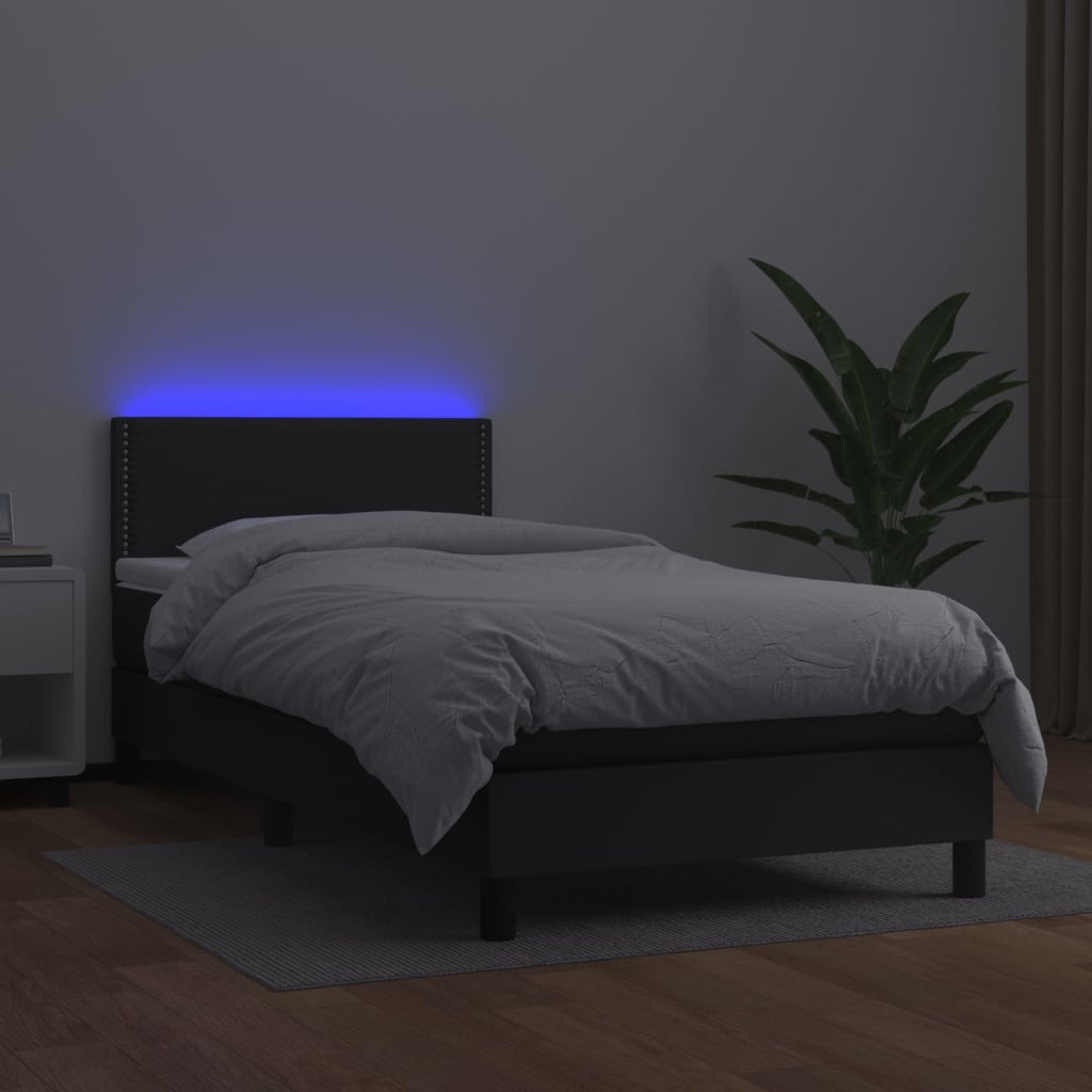 Box spring postelja z vzmetnico LED črn 100x200 cm umetno usnje