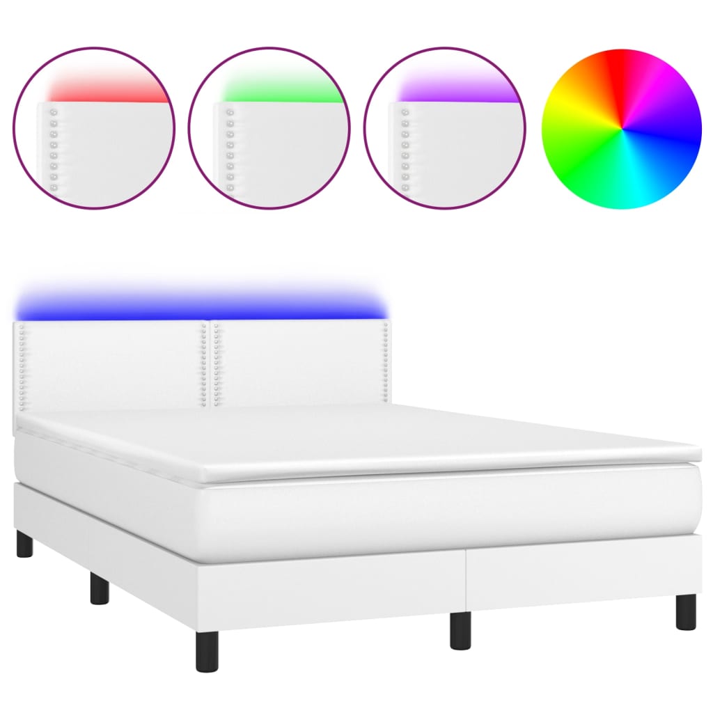 vidaXL Box spring postelja z vzmetnico LED bela 140x190cm umetno usnje