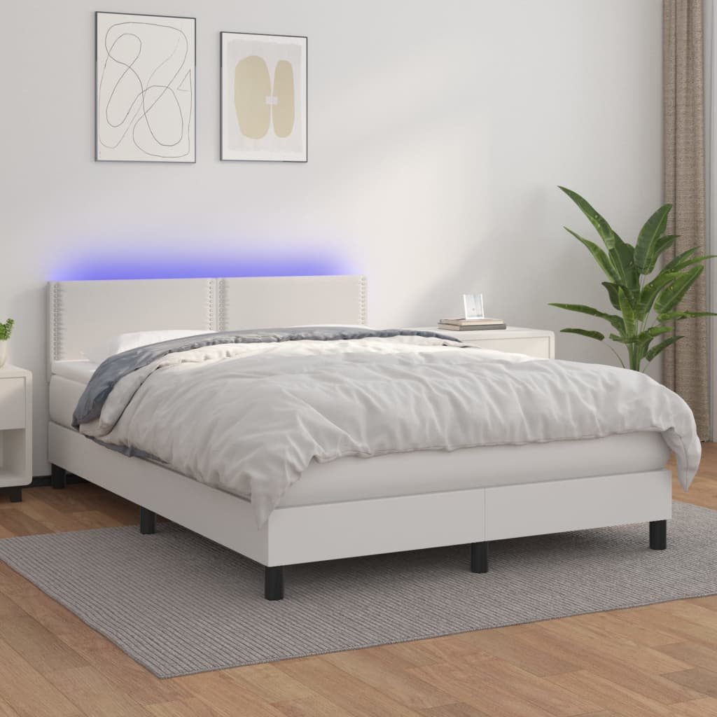 Boxspringbett mit Matratze & LED Weiß 140×190 cm Kunstleder