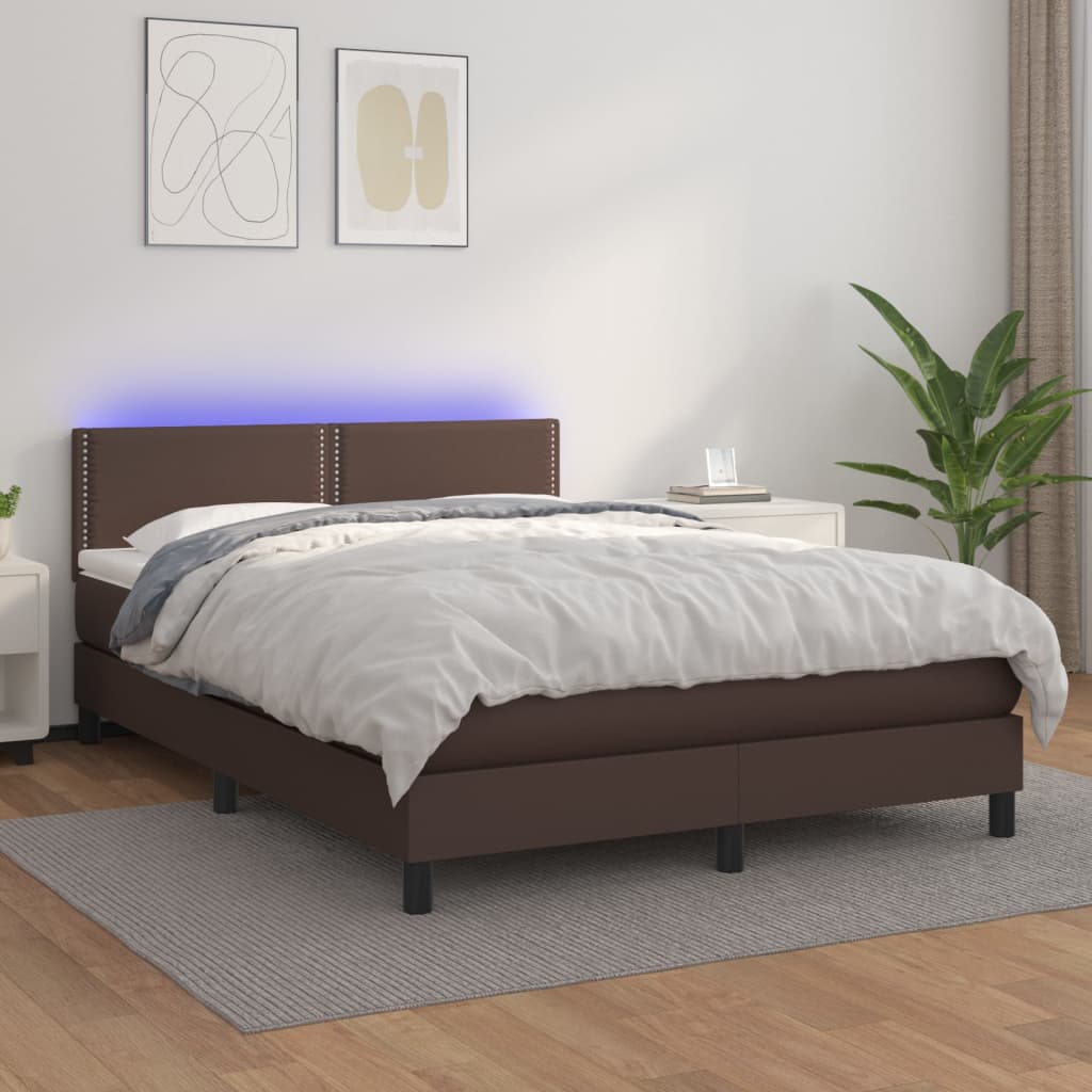 Sommier tapissier et matelas et LED Marron 140x200cm Similicuir