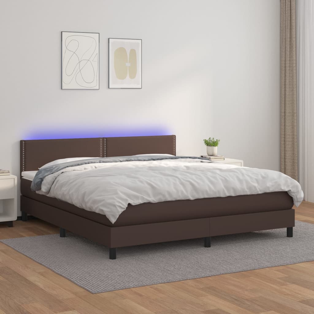 Box spring postel s matrací a LED hnědá 180x200 cm umělá kůže
