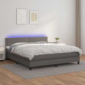 Box spring postelja z vzmetnico LED siva 180x200cm umetno usnje