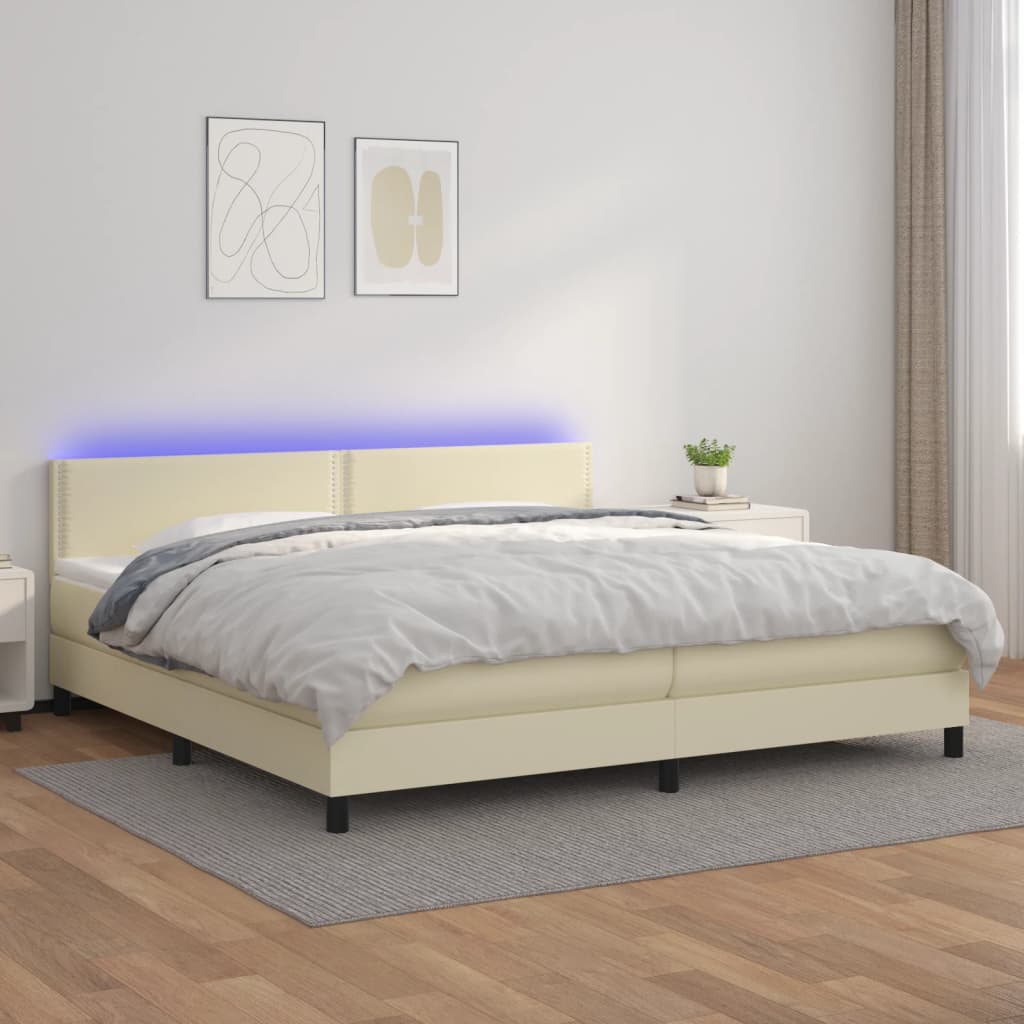 Box spring postel s matrací a LED krémová 200x200 cm umělá kůže