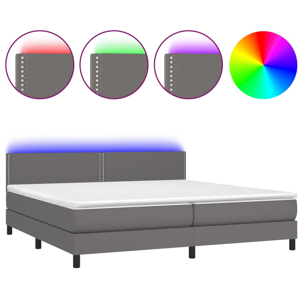 vidaXL Box spring postelja z vzmetnico LED siva 200x200cm umetno usnje