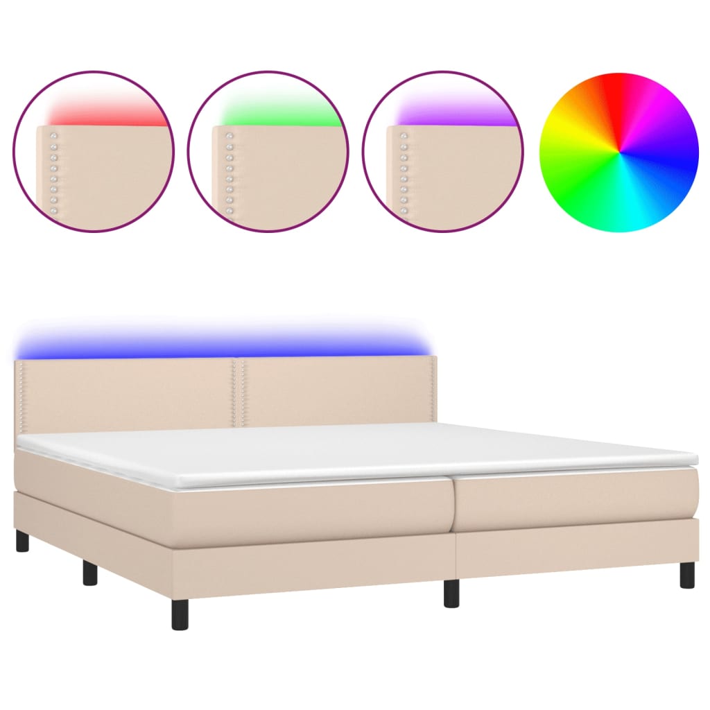 Box spring postel matrace a LED cappuccino 200x200cm umělá kůže