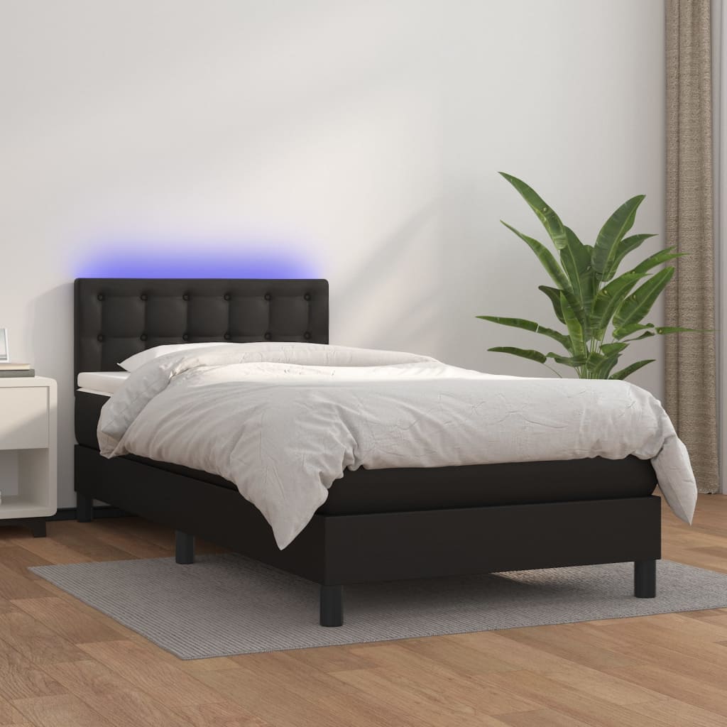 Fekete műbőr rugós ágy matraccal és LED-del 80 x 200 cm 