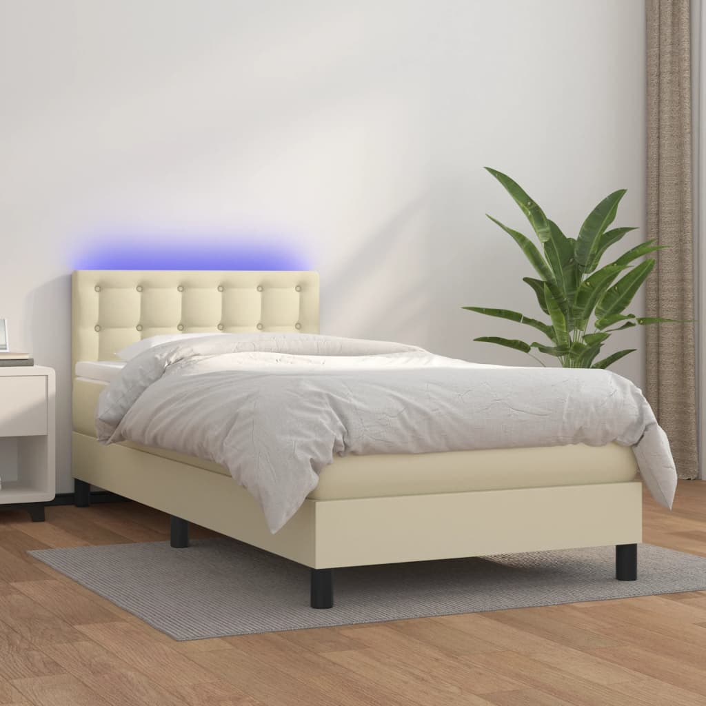 vidaXL Pat continental cu saltea și LED, crem, 80x200 cm, piele eco