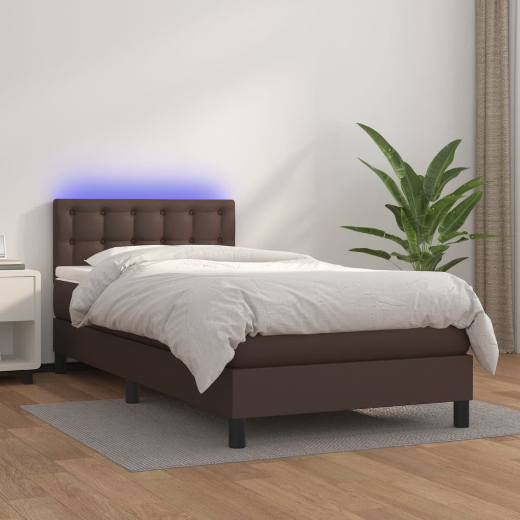 Barna műbőr rugós ágy matraccal és LED-del 80 x 200 cm 