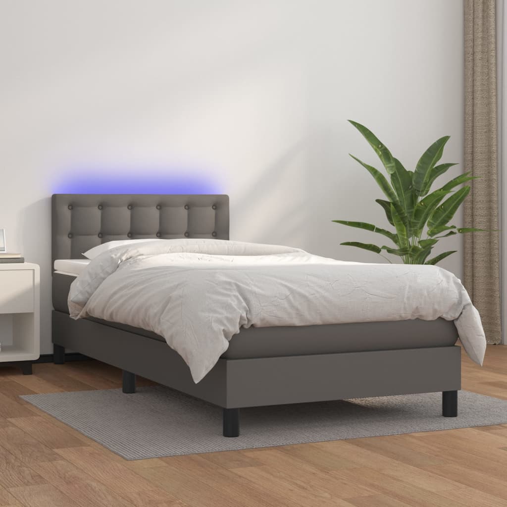 Box spring postel s matrací a LED šedá 90x190 cm umělá kůže