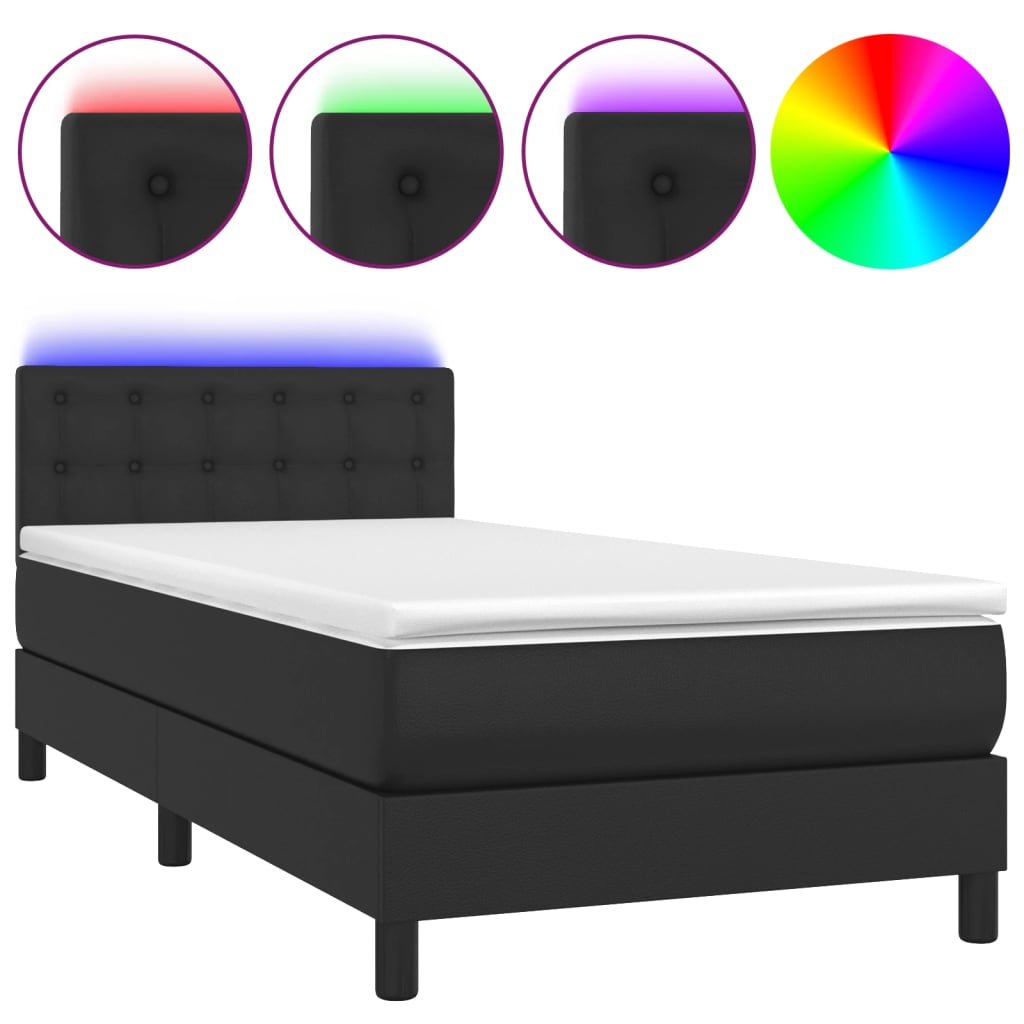 Fekete műbőr rugós ágy matraccal és LED-del 90x200 cm 