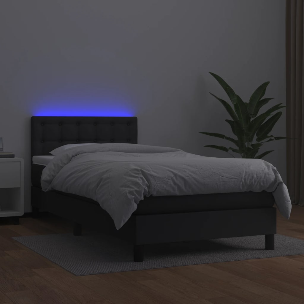 Fekete műbőr rugós ágy matraccal és LED-del 90x200 cm 