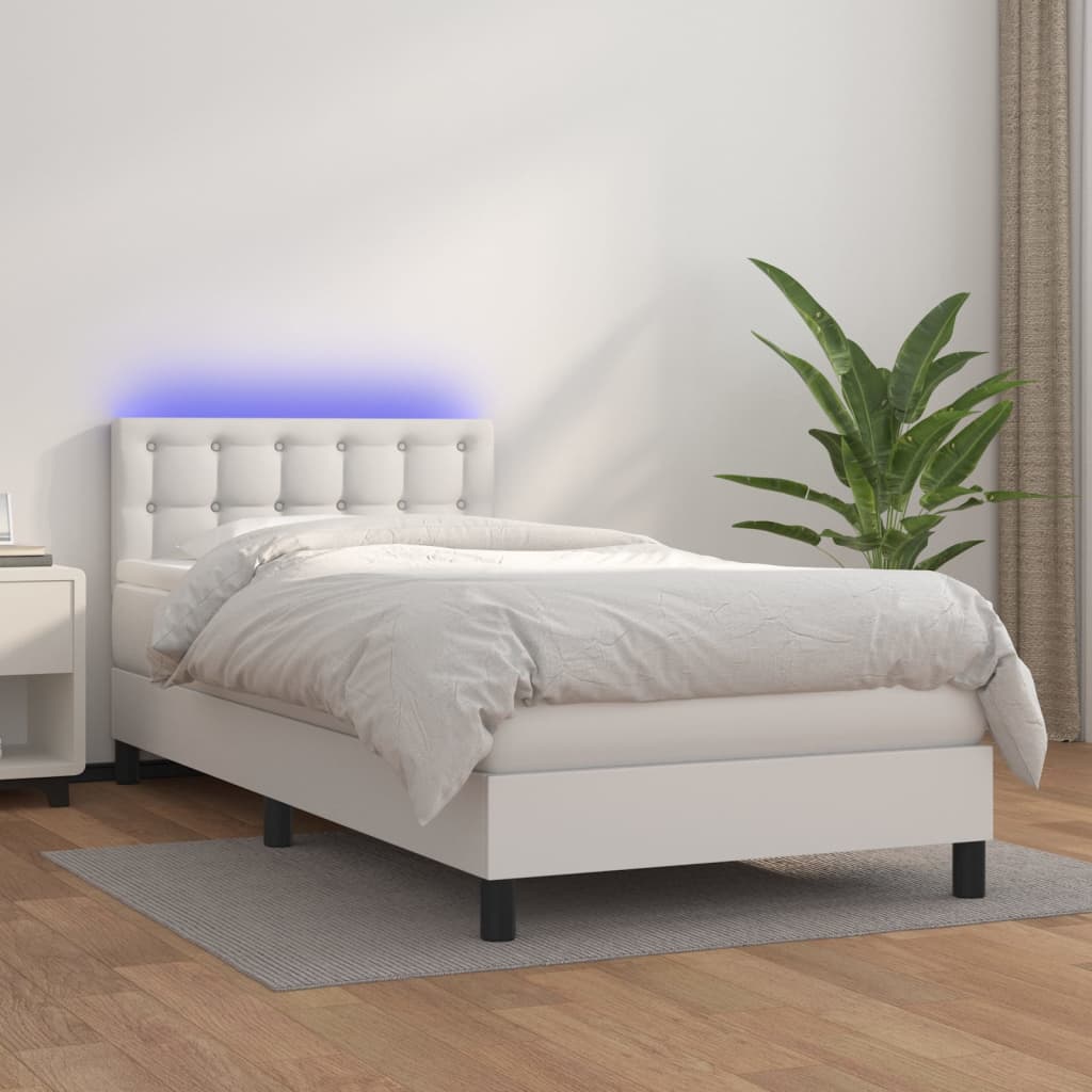 Fehér műbőr rugós ágy matraccal és LED-del 90x200 cm 