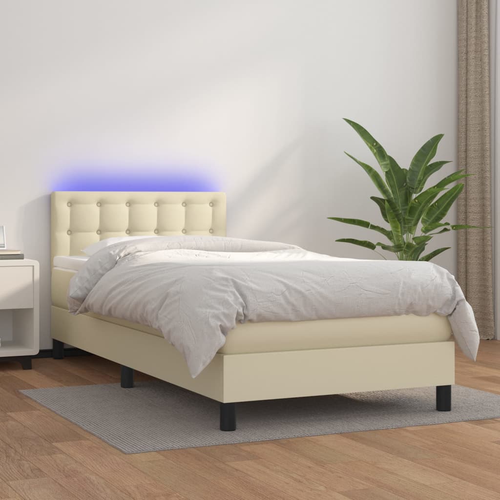 vidaXL Pat cu arcuri, saltea și LED, crem, 90x200 cm, piele ecologică