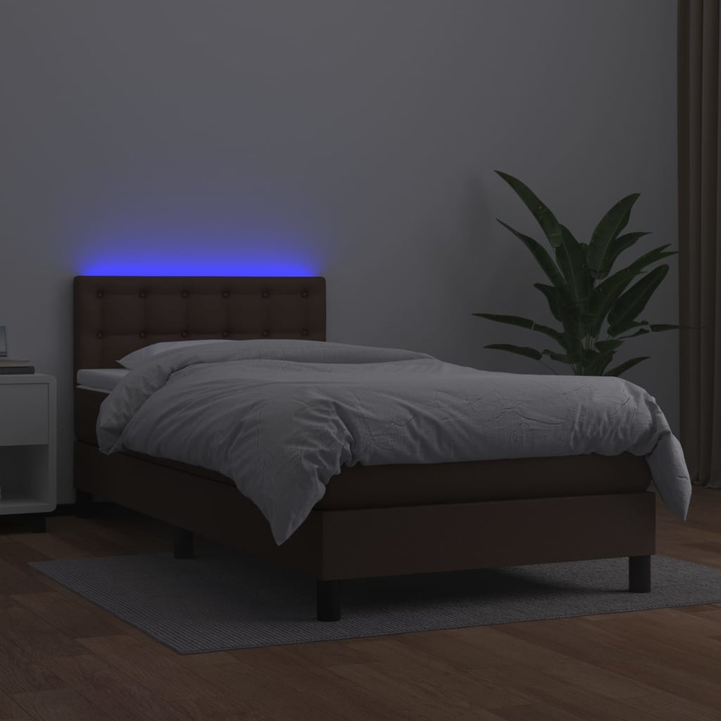 Barna műbőr rugós ágy matraccal és LED-del 90x200 cm 