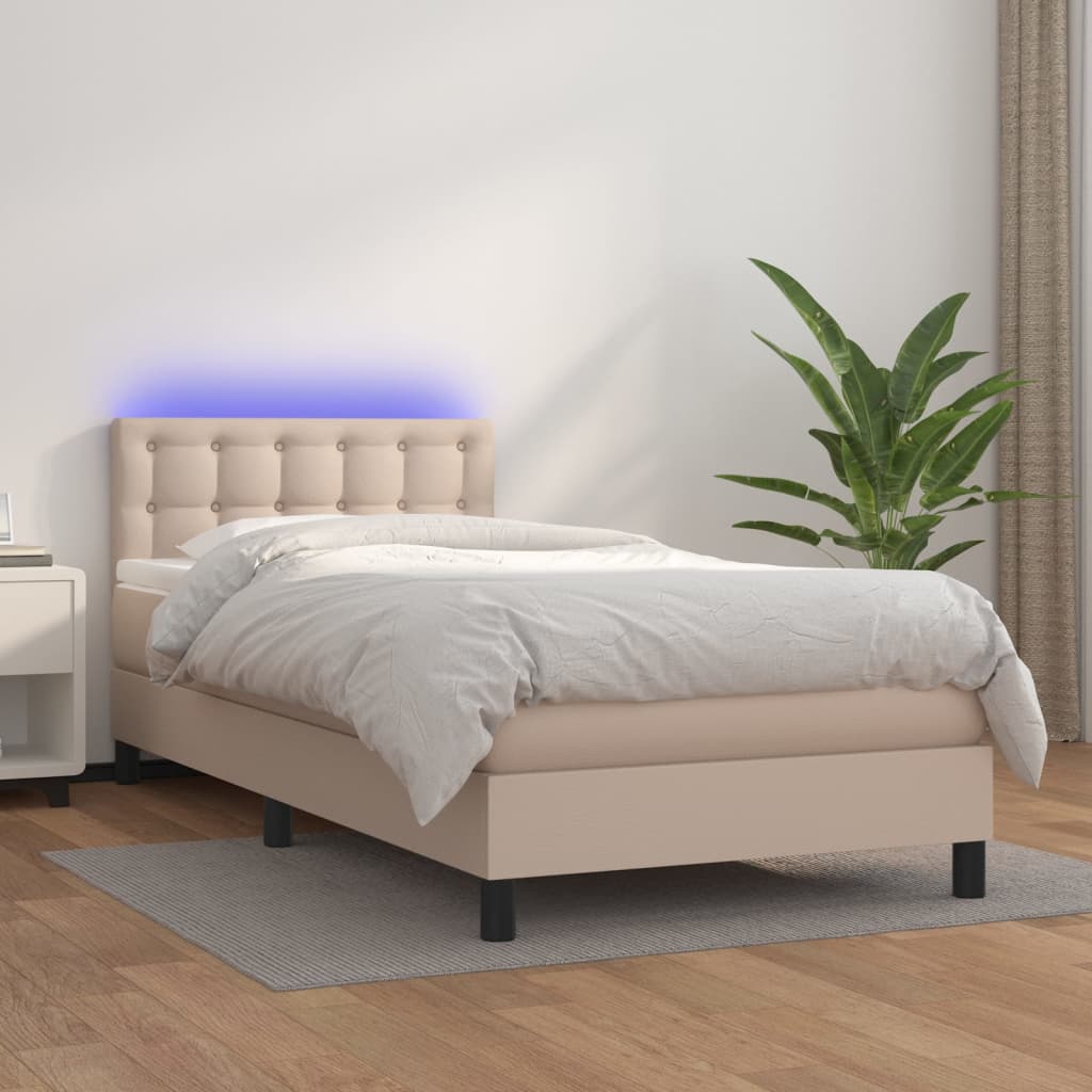 Box spring postel matrace a LED cappuccino 100x200cm umělá kůže