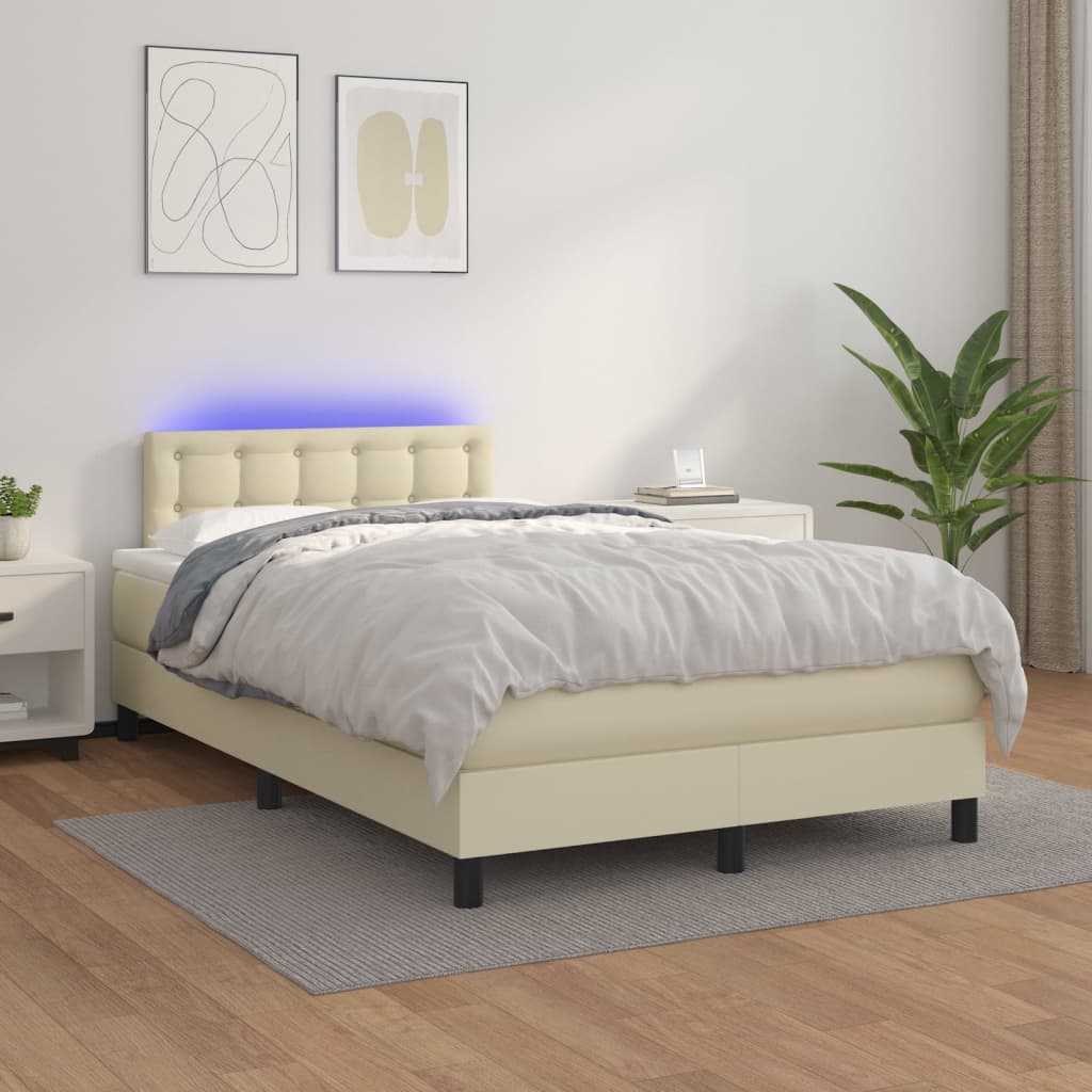 vidaXL Pat cu arcuri, saltea și LED, crem, 120x200 cm, piele ecologică