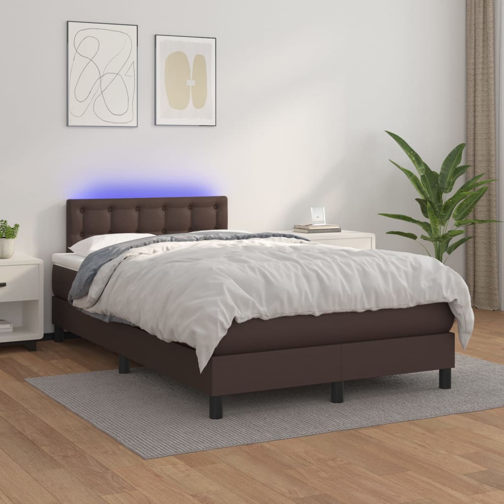 Barna műbőr rugós ágy matraccal és LED-del 120x200 cm 