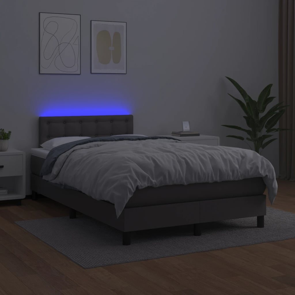 Szürke műbőr rugós ágy matraccal és LED-del 120x200 cm 